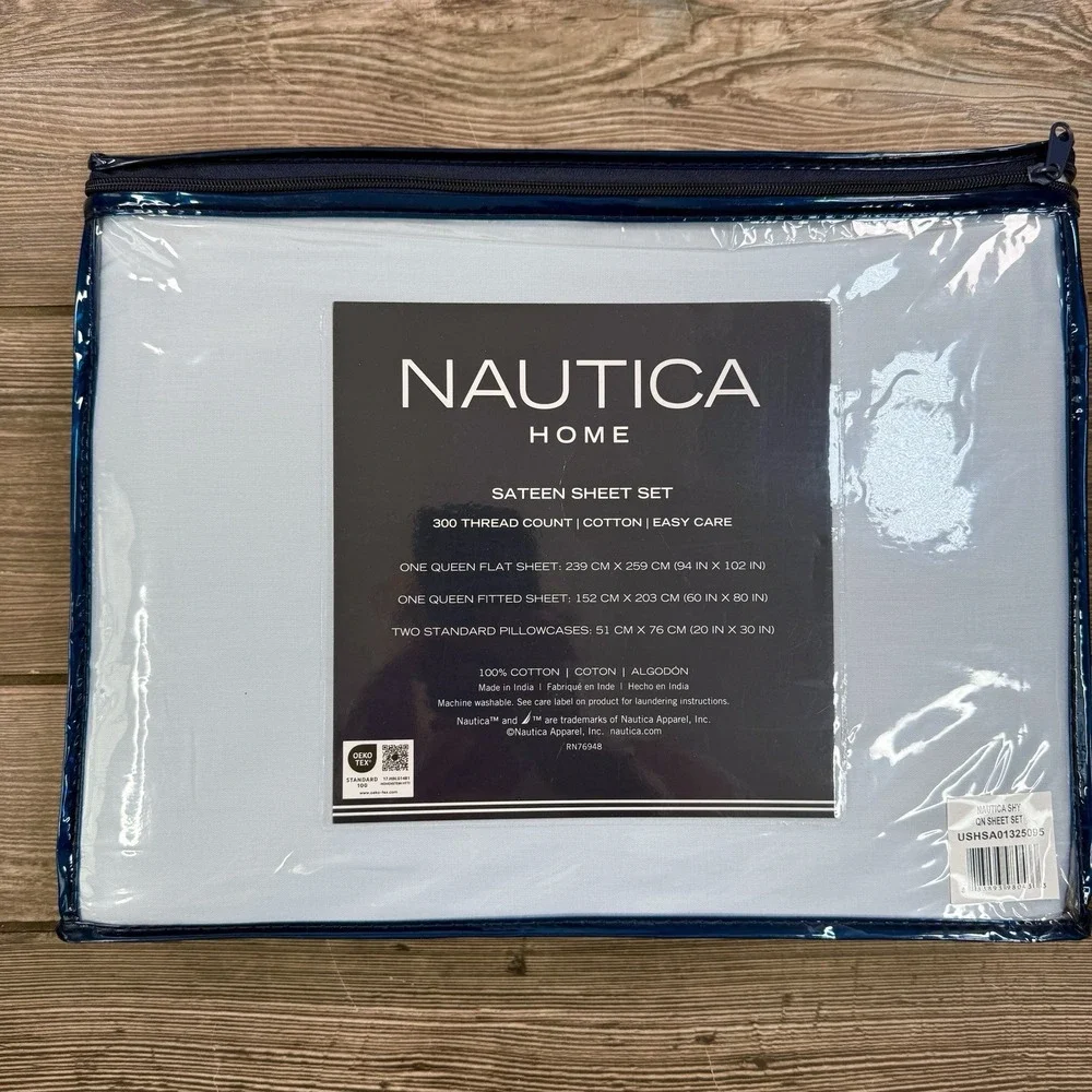 Nautica 4-Piece Queen Sheet Set 100% Cotton 300 Thread Count Solid‎ Blue NEW